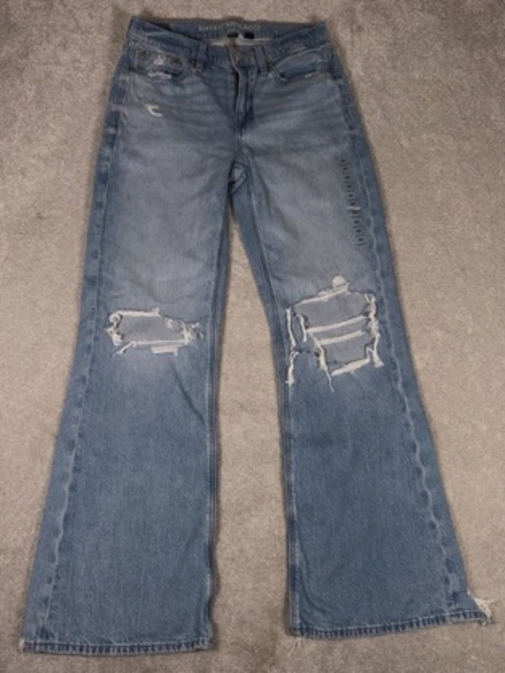 AE American Eagle Low Rise baggy flare 00 women jeans Distressed Light Blue New*